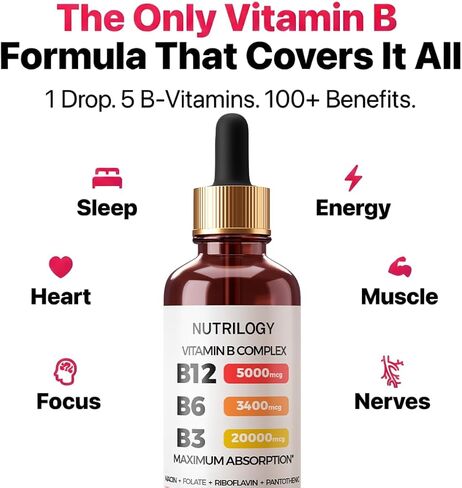 Vitamin B Complex for Men & Women - Riboflavin B2, B3, B5, B6, B12 | B-Complex Supplement - Nerve Pain, Energy, Brain & Heart Support - Made in USA, 60 Servings in Saudi Arabia