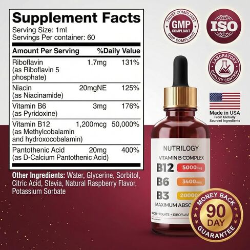 Vitamin B Complex for Men & Women - Riboflavin B2, B3, B5, B6, B12 | B-Complex Supplement - Nerve Pain, Energy, Brain & Heart Support - Made in USA, 60 Servings in Saudi Arabia