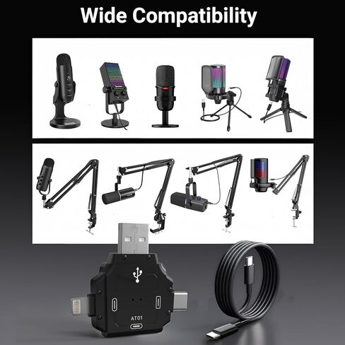 محول ميكروفون USB ZealSound - محول ميكروفون 3 في 1 للتوصيل والتشغيل الصوتي فقط مع USB-C، Lightning وUSB لأجهزة iPhone/Android/PC، إشارة ثابتة للبث والتسجيل والبث الصوتي in Saudi Arabia