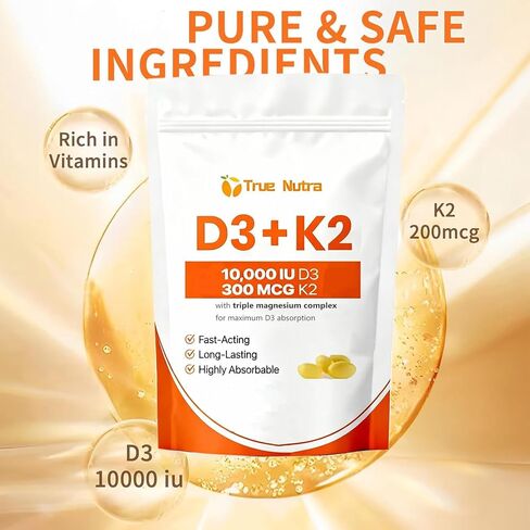 D3 K2، فيتامين D3 K2، مكمل مغنيسيوم 10000 وحدة دولية، غير معدل وراثيًا، خالي من الغلوتين، يدعم المناعة والطاقة، 300 كبسولة هلامية من زيت جوز الهند in Saudi Arabia