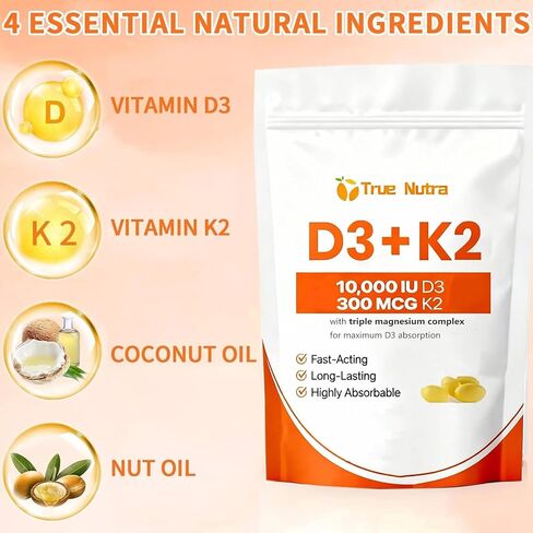D3 K2، فيتامين D3 K2، مكمل مغنيسيوم 10000 وحدة دولية، غير معدل وراثيًا، خالي من الغلوتين، يدعم المناعة والطاقة، 300 كبسولة هلامية من زيت جوز الهند in Saudi Arabia