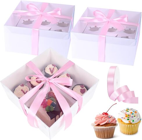 6 Packs 1+5 bento cake box with cupcakes,full clear lid,1 small Cake and 5 Cupcakes Box,Red ribbon and Stickers for Family Birthday Party Mother's day (Red ribbon) in Saudi Arabia