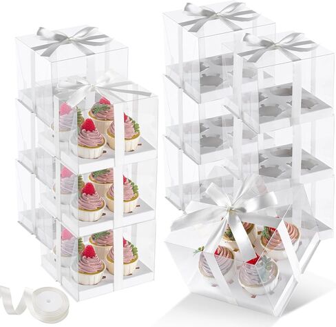 JCD 8 Pack Clear Cupcake Boxes, 4 Count Cupcake Containers with Gift Ribbon,5.3inches height Plastic Cupcake Carrier Holder for Treat Dessert Cookies Muffins Pastry Baby Shower Party (4count/8pcs) in Saudi Arabia