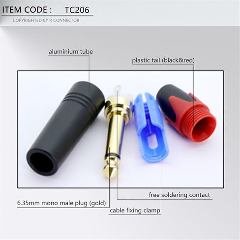 2PCS Mono 6.35MM Jack 6.3MM Male Plug Connector Aluminum Tube Brass 1/4 Inch Microphone Plug Audio Cable Connector(Black) in Kuwait