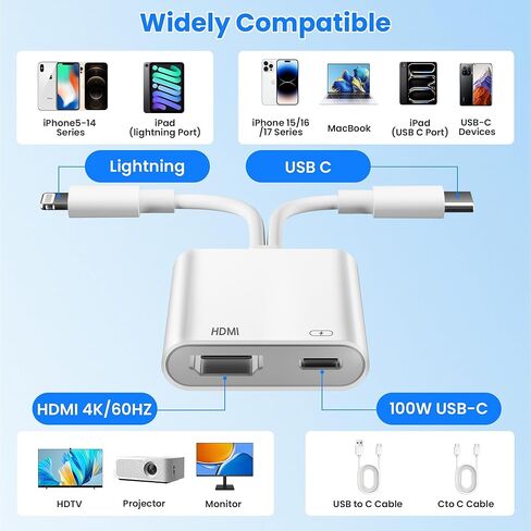 محول USB-C وLightning إلى HDMI لأجهزة iPhone إلى التلفزيون، 4K@60 هرتز معتمد من MFi محول Lightning إلى AV الرقمي مع منفذ شحن 100 واط لأجهزة iPhone 17 16 15 14/MacBook/iPad إلى HDTV/جهاز العرض/الشاشة in Saudi Arabia