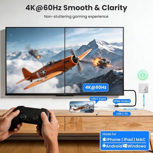 محول USB-C وLightning إلى HDMI لأجهزة iPhone إلى التلفزيون، 4K@60 هرتز معتمد من MFi محول Lightning إلى AV الرقمي مع منفذ شحن 100 واط لأجهزة iPhone 17 16 15 14/MacBook/iPad إلى HDTV/جهاز العرض/الشاشة in Saudi Arabia