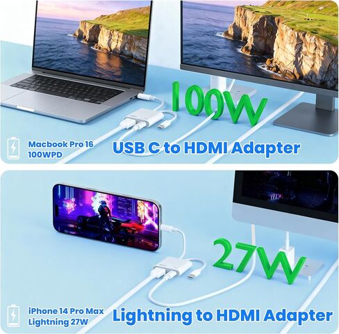 محول USB-C وLightning إلى HDMI لأجهزة iPhone إلى التلفزيون، 4K@60 هرتز معتمد من MFi محول Lightning إلى AV الرقمي مع منفذ شحن 100 واط لأجهزة iPhone 17 16 15 14/MacBook/iPad إلى HDTV/جهاز العرض/الشاشة in Saudi Arabia