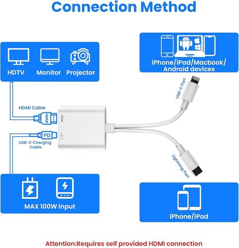 محول USB-C وLightning إلى HDMI لأجهزة iPhone إلى التلفزيون، 4K@60 هرتز معتمد من MFi محول Lightning إلى AV الرقمي مع منفذ شحن 100 واط لأجهزة iPhone 17 16 15 14/MacBook/iPad إلى HDTV/جهاز العرض/الشاشة in Saudi Arabia