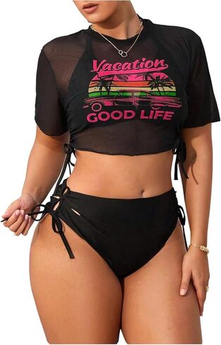 Verdusa Women's Plus Size 3 Piece High Waisted Bikini Sets Halter Tropical Vacation Outfits with Cover Up Tops in Saudi Arabia