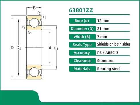 63801ZZ 12X21X7 63801 Bearing 63801Z ABEC-3 Single Row Deep Groove Ball Bearings Metric 1Pcs in Saudi Arabia