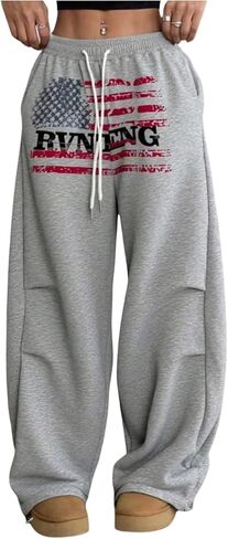 GORGLITTER Women's USA Graphic Wide Leg Jogger Sweatpants Baggy Y2k Elastic Waist Straight Leg Loose Track Barrel Pants in Saudi Arabia