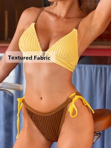 CUPSHE Women's Bikini Sets Two Piece Swimsuit Sexy Low Rise Bathing Suits String Tie Color Block Textured in Saudi Arabia