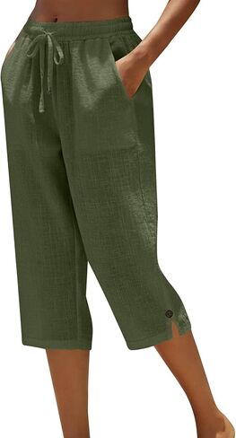 Womens Cotton Linen Capri Pants Summer Loose Fit Straight Leg Drawstring Elastic Waist Cropped Pant Casual Clothes in Saudi Arabia