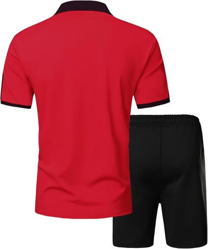 Men's Summer Thin Wing Print Color-Blocked Lapel Short-sleesleeved Polo Shirt 2-piece Set Casual Vacation Beach Sports (Red+Black,Large) in Saudi Arabia