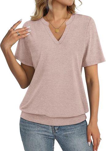 Womens Tops Short Sleeve Banded Bottom Summer Tops V Neck T Shirts Casual Ladies Tees Loose Fit Clothing in Saudi Arabia