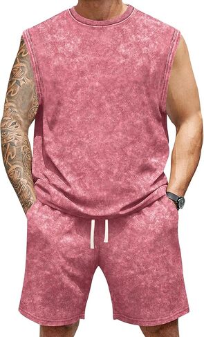 Men's Summer Thin Cotton Washed Distressed Vintage Tank Sleeveless T-shirt Shorts 2-piece Set Casual Sports Athletic Fitness in Saudi Arabia