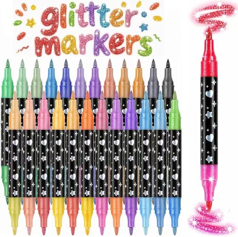 Glitter Markers, 12 Pack 24 Colors Dual Tip Brush Glitter Marker for Doodle Writing,Glitter Paint Pens for Art Crafts DIY Greeting Birthday Cards Making,Coloring,Journals,Planners,Scrapbooking in Saudi Arabia