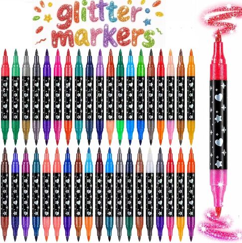 Glitter Markers, 12 Pack 24 Colors Dual Tip Brush Glitter Marker for Doodle Writing,Glitter Paint Pens for Art Crafts DIY Greeting Birthday Cards Making,Coloring,Journals,Planners,Scrapbooking in Saudi Arabia