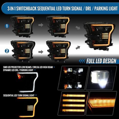 Ronnin - يناسب 2015-2017 Ford F150 Full LED Beam Quad Projector Headlights الرسوم المتحركة لبدء التشغيل عن بعد، كهرمان/أبيض DRL Switchback Seq. إشارات الانعطاف مع زوج تجميع أنماط الإضاءة | أسود in Saudi Arabia