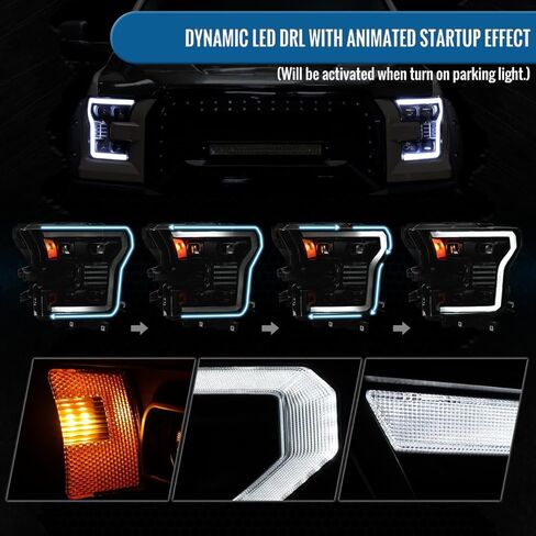 Ronnin - يناسب 2015-2017 Ford F150 Full LED Beam Quad Projector Headlights الرسوم المتحركة لبدء التشغيل عن بعد، كهرمان/أبيض DRL Switchback Seq. إشارات الانعطاف مع زوج تجميع أنماط الإضاءة | أسود in Saudi Arabia