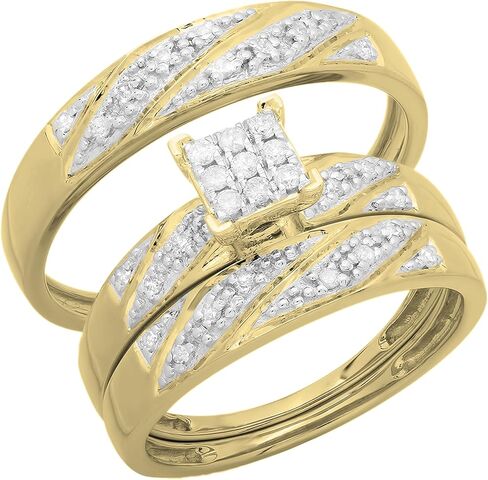 مجموعة Dazzlingrock 0.30 قيراط (ctw) مستديرة من الألماس الأبيض على طراز العنقودية للرجال والنساء مجموعة ثلاثية لخاتم الخطوبة 1/3 قيراط، ذهب أصفر عيار 10 قيراط in Kuwait