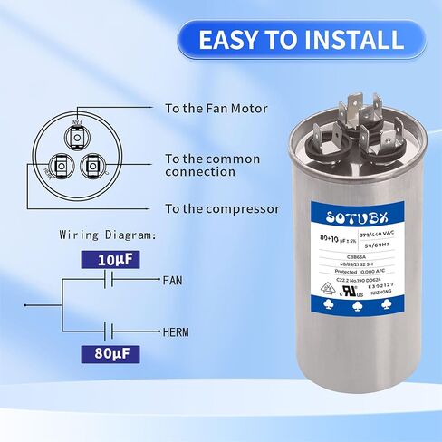 80+10 MFD 370/440VAC مكثف تشغيل مزدوج، 80/10 فائق التوهج CBB65 CBB65A مكثف تيار متردد دائري لأنظمة التدفئة والتهوية وتكييف الهواء، ومكيف الهواء، والمكثف، والمضخة الحرارية، وبدء تشغيل محرك المروحة وتشغيله، استبدال عالمي in Kuwait