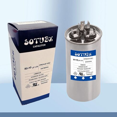 80+10 MFD 370/440VAC مكثف تشغيل مزدوج، 80/10 فائق التوهج CBB65 CBB65A مكثف تيار متردد دائري لأنظمة التدفئة والتهوية وتكييف الهواء، ومكيف الهواء، والمكثف، والمضخة الحرارية، وبدء تشغيل محرك المروحة وتشغيله، استبدال عالمي in Kuwait