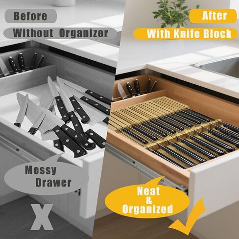 Natural Bamboo In-Drawer Knife Block, 17 Slot Large Capacity Knives Organizer, Upper and Lower Kitchen Steak Knife Storage Rack - Holds 8 Short + 9 Long Knives in Saudi Arabia