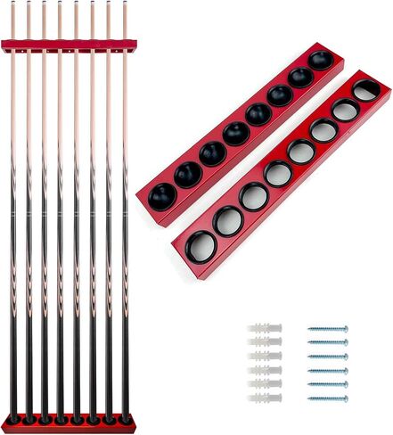 Pool Stick Holder Wall Mount, 8-Hole Metal Billiard Pool Cue Rack with Plastic Inserts, Heavy-Duty Wall-Mounted Cue Storage Pool Pool Accessories for Home Game Room, Bar, Man Cave (Red) in Saudi Arabia