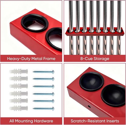 Pool Stick Holder Wall Mount, 8-Hole Metal Billiard Pool Cue Rack with Plastic Inserts, Heavy-Duty Wall-Mounted Cue Storage Pool Pool Accessories for Home Game Room, Bar, Man Cave (Red) in Saudi Arabia