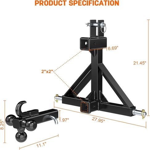 Orange 3 Point Hitch Receiver with Dual 2" Receiver–Include Ball Adapter & Hook, 3 Point Quick Hitch Category 1 Fit Gooseneck, 5th Wheel & Ball Hitch, 3 Point Hitch Attachments Fit Category 1 Tractors in Saudi Arabia