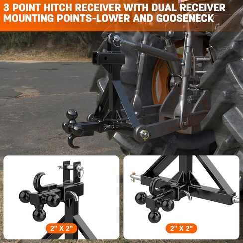 Orange 3 Point Hitch Receiver with Dual 2" Receiver–Include Ball Adapter & Hook, 3 Point Quick Hitch Category 1 Fit Gooseneck, 5th Wheel & Ball Hitch, 3 Point Hitch Attachments Fit Category 1 Tractors in Saudi Arabia