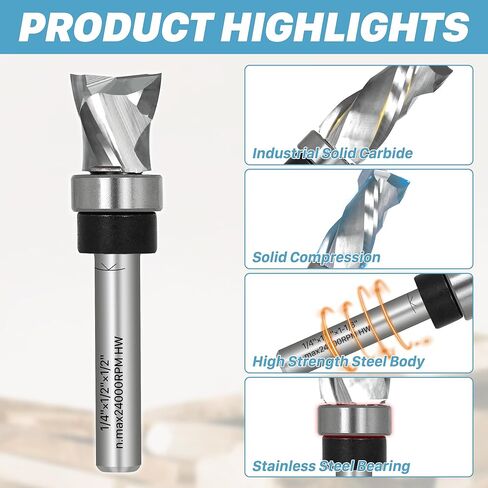 لقمة توجيه ذات ضغط حلزوني مزدوج من KEENTECH، ساق 1/4 بوصة، قطر قطع 1/2 بوصة × طول القطع 1-1/4 بوصة، محمل علوي وسفلي in Saudi Arabia