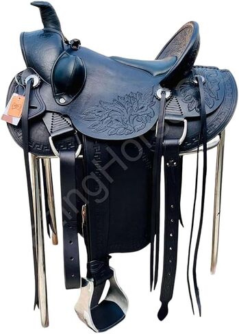 Western Horse Saddle Set Genuine Leather Hand Tooled Floral Cowboy Saddle Trail Pleasure Riding Tack with Breast Collar Headstall Reins Stirrups and Cinch Rodeo Equestrian Gear in Saudi Arabia