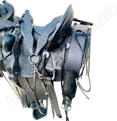 Western Horse Saddle Set Genuine Leather Hand Tooled Floral Cowboy Saddle Trail Pleasure Riding Tack with Breast Collar Headstall Reins Stirrups and Cinch Rodeo Equestrian Gear in Saudi Arabia