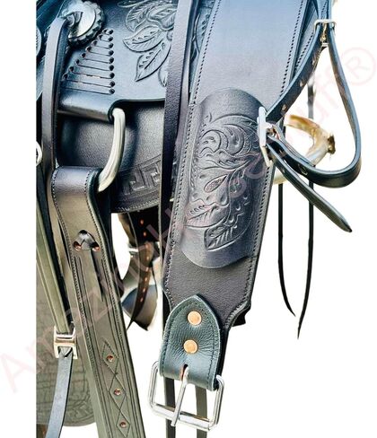 Western Horse Saddle Set Genuine Leather Hand Tooled Floral Cowboy Saddle Trail Pleasure Riding Tack with Breast Collar Headstall Reins Stirrups and Cinch Rodeo Equestrian Gear in Saudi Arabia