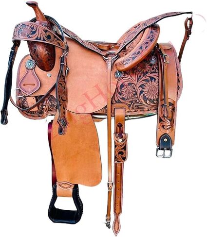 Western Horse Saddle Set Genuine Leather Hand Tooled Floral Cowboy Saddle Trail Pleasure Riding Tack with Breast Collar Headstall Reins Stirrups and Cinch Rodeo Equestrian Gear in Saudi Arabia