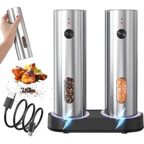 Rechargeable Salt and Pepper Grinder Set,Automatic Rechargeable, LED Light, External Adjustable Coarseness, Upgrade Large Capacity, Rechargeable Base Kitchen, Dining & BBQ, Gifts for Women Mom(Silver) in Saudi Arabia