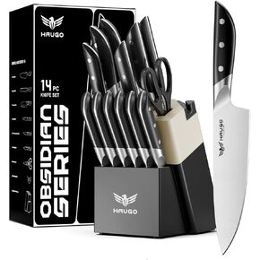 Kitchen Knife Set with Block: 14-Piece German Stainless Steel Full Tang Professional Knife - Comfortable Grip Reduces Hand Fatigue 30% - Dishwasher Safe & Sharpener - White Knife Set for Cooking in Saudi Arabia