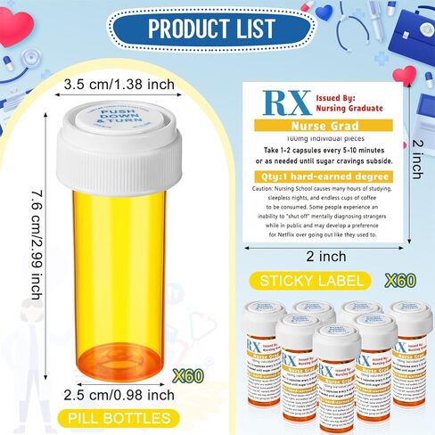 Threlaco 60 Set 2026 Nursing Graduation Party Supplies 60 Empty Pill Bottles with Caps 8 Dram Plastic Medicine Containers with 60 Sticky Label Pill Vial for Nurse Party Favors Gifts for BSN Rn Pharmd in Saudi Arabia