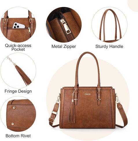 MOSISO Laptop Bag for Women, 15.6 inch Vintage PU Leather Tote Bag with Laptop Compartment Compatible with MacBook Pro 16 inch, Large Capacity Handbag for Work Business with Clutch Purse&Tassel, Brown in Saudi Arabia