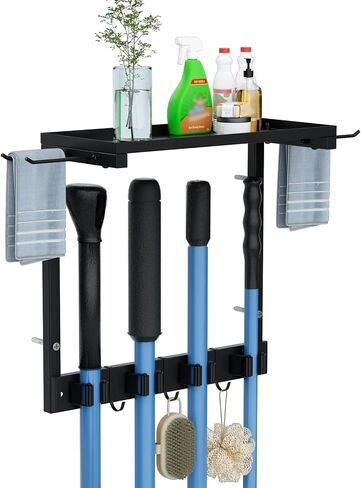 Broom Holder Wall Mount with Cleaning Supplies Organizer, Laundry Room Organization and Storage Shelves, Mop Hanger Broom Rack with Hooks, Home Improvement Kitchen Shelf Garage Organizer in Saudi Arabia