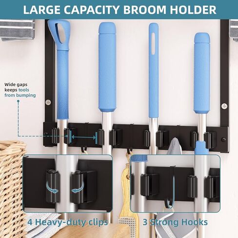 Broom Holder Wall Mount with Cleaning Supplies Organizer, Laundry Room Organization and Storage Shelves, Mop Hanger Broom Rack with Hooks, Home Improvement Kitchen Shelf Garage Organizer in Saudi Arabia