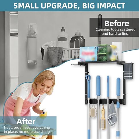 Broom Holder Wall Mount with Cleaning Supplies Organizer, Laundry Room Organization and Storage Shelves, Mop Hanger Broom Rack with Hooks, Home Improvement Kitchen Shelf Garage Organizer in Saudi Arabia
