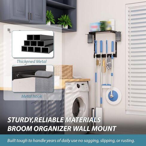 Broom Holder Wall Mount with Cleaning Supplies Organizer, Laundry Room Organization and Storage Shelves, Mop Hanger Broom Rack with Hooks, Home Improvement Kitchen Shelf Garage Organizer in Saudi Arabia