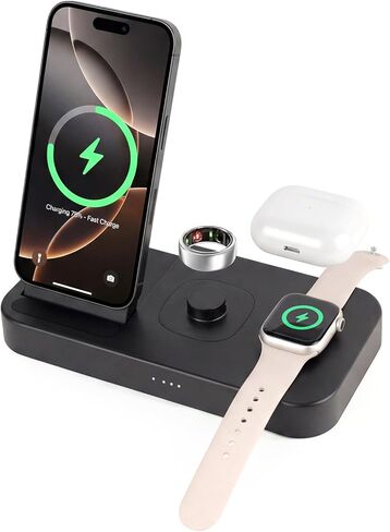 قاعدة شحن 4 في 1 لشاحن Oura Ring Gen 4، شاحن سريع لأجهزة iPhone17/16/15/14/13/12، وساعة Apple، وAirPods، وSamsung Galaxy S25/S24/S23/S22/S21، وسماعات Galaxy Watch (الحجم 9) in Kuwait