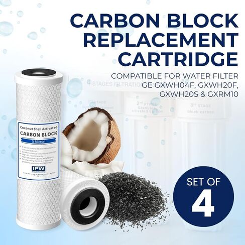 IPW Industries Inc Set of 4 Compatible for Water Filter GE GXWH04F, GXWH20F, GXWH20S & GXRM10 Multi-Pack, Carbon Block Replacement Cartridge in Saudi Arabia