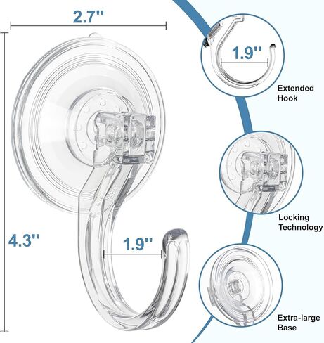 4-Pack Suction Cup Hooks for Shower, Extra Large Clear 1.9" Shower Suction Hooks, Heavy Duty 18 Lb, Reusable & Removable Plastic Wreath Hanger for Windows, Glass, Bathroom, Loofah, No Tools, No Damage in Saudi Arabia