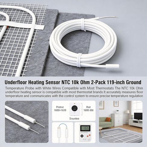 Underfloor Heating Sensor NTC 10k Ohm 2-Pack 119-inch Ground Temperature Probe with White Wires Compatible with Most Thermostats in Saudi Arabia