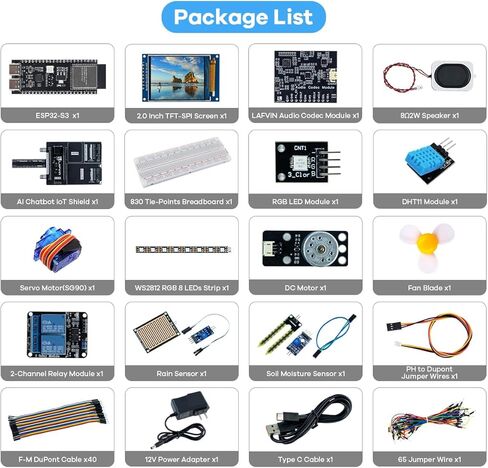 LAFVIN AIoT Starter Kit، ESP32-S3 AI Voice Control Kit Starter Kit، DHT11 مستشعر درجة الحرارة والرطوبة، مؤازرة، مرحل للمنزل الذكي ومشاريع IoT DIY in Kuwait